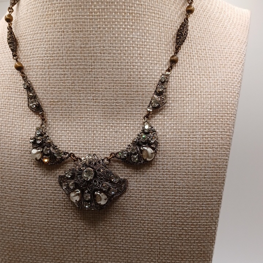 Western Germany Clear Rhinestone and Filigree Pearl Necklace - Picture 7 of 12